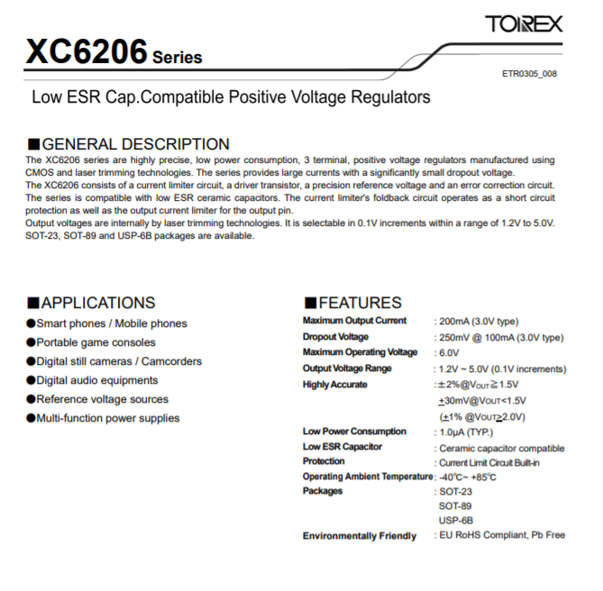 特瑞仕代理商，TOREX代理商，TOREX LDO線性穩(wěn)壓器，XC6206P332MR-G， XC6206J332MR-G ，XC6206P332PR.png