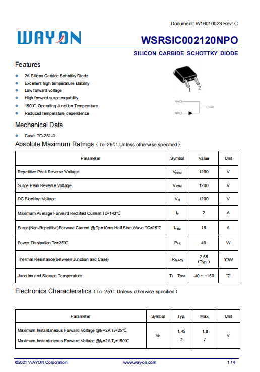 Wayon代理商，維安代理商，SiC Schottky Diode， 碳化硅肖特基二極管，WSRSIC002120NPO.png